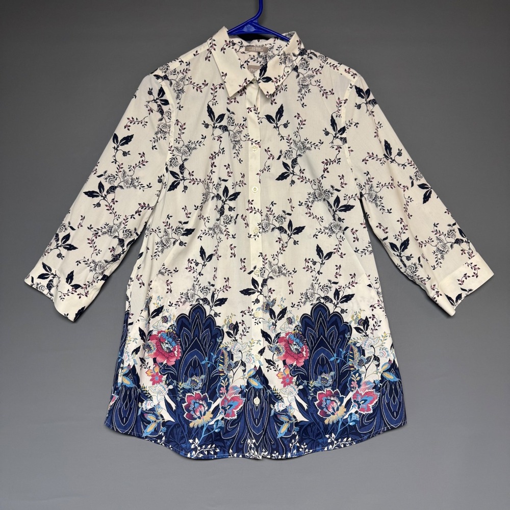 Chicos Sz 1 M Floral‎ Paisley Border Print Button Down Shirt Shacket Pockets